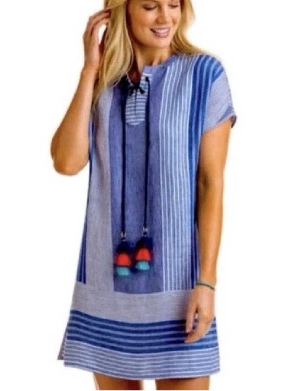 Vineyard Vines Dress Womens Linen Blue White Stripe Nautical Sz 12 Ret. $138 NWT